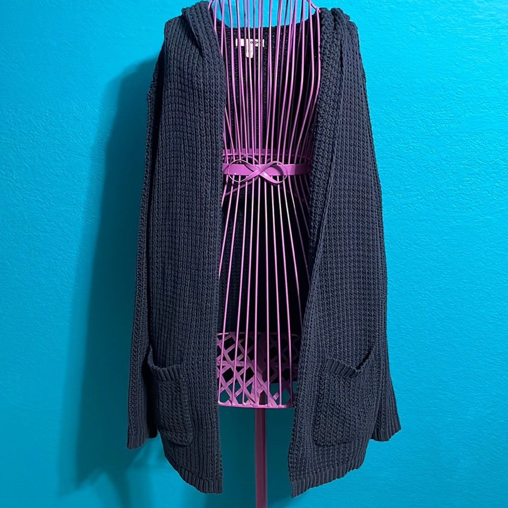 Deep navy blue open-front long cardigan with hood size M but can fit L-XL